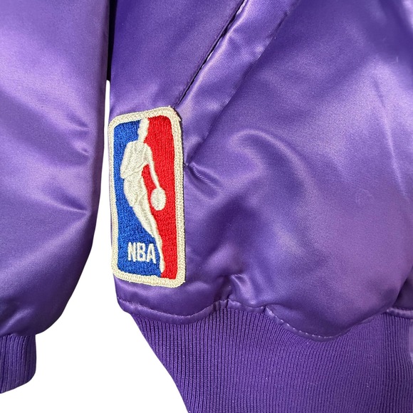 VINTAGE 80S LOS ANGELES LAKERS NBA STARTER SATIN PATCH BOMBER JACKET - Picture 6 of 12